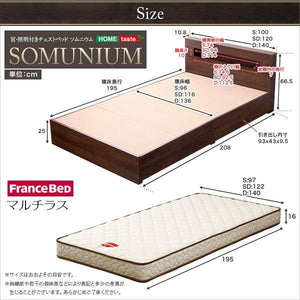 セミダブル ベッド チェスト 下収納 引き出し 大容量 宮 棚 スマホ ラック ライト 木製 高級 コンセント 充電 ローベッド 照明 マルチラスSS マットレス付