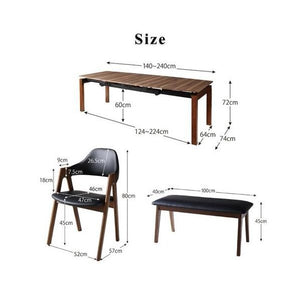 ダイニングテーブルセット 6人用 椅子 ベンチ 伸縮 伸長 北欧 6点 (机+チェア4+長椅子1) デザイナーズ スタイリッシュ ウォールナット 大きい 幅140 幅240