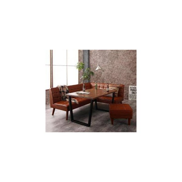 kag-31671 ダイニングテーブルセット 5人用 コーナーソファー L字 l型 ベンチ 椅子 レザー 4点 (机+ソファx1+右肘x1+スツール1) 幅120 西海岸 ヴィンテージ 低め 古材風