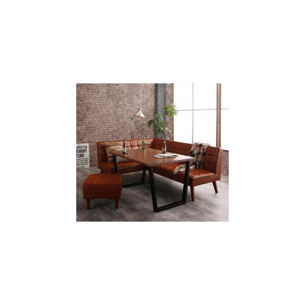 kag-31673 ダイニングテーブルセット 5人用 コーナーソファー L字 l型 ベンチ 椅子 レザー 4点 (机+ソファx1+左肘x1+スツール1) 幅120 西海岸 ヴィンテージ 低め 古材風