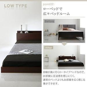 ダブルベッド 2人 マットレス付き ローベッド ロータイプ 低い 宮 枕元 棚 携帯 メガネ リモコン 頭上 収納 コンセント スマホ 充電 電気 ヴィンテージ モダン