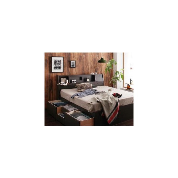 kag-44788 ダブルベッド 2人 マットレス付き チェスト ベッド下 収納 引き出し 大容量 宮 棚 携帯 リモコン 照明 読書灯 ライト 電気 コンセント スマホ 充電 ヴィンテージ