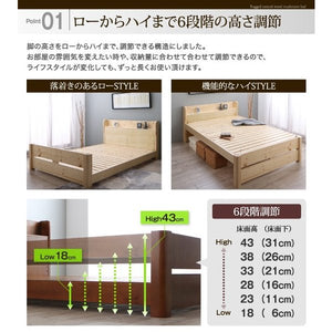 セミダブルベッド 一人 マットレス付 ロー 低い 高さ調節 宮 棚 携帯 収納 携帯 スマホ 充電 コンセント 布団可 すのこ 通気性 カビ 北欧 おしゃれ アンティーク
