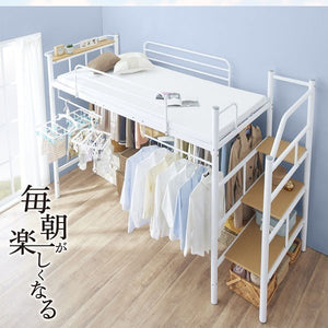 ロフトベッド シングル 一人 フレーム システム活用 安い 頑丈 子供部屋 パイプベッド アイアン スチール 金属 階段 棚 携帯 収納 携帯 スマホ コンセント