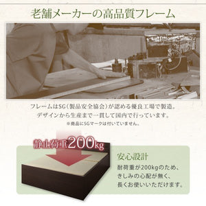 ダブルベッド 2人 フレーム 日本製 国産 畳 硬め 布団可 腰痛 通気性 カビ 和室 ベッド下 高い 床下収納 スペース 全面収納 棚 携帯 コンセント スマホ 布団収納
