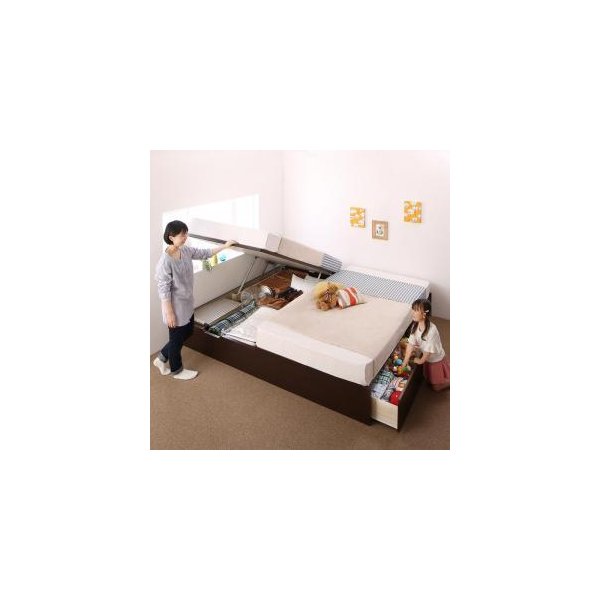 kag-51939 連結ベッド 幅200 キング ワイド 3人 4人 家族 つなげる 2台 連結 分割 ファミリー マットレス付 チェスト 収納 引き出し 跳ね上げ ガス圧 ベッド下 ヘッドレス