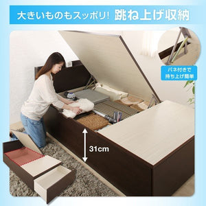 セミダブルベッド 一人暮らし フレーム 跳ね上げ式 ベッド下 収納付き 大容量 宮 棚 携帯 収納 コンセント スマホ 充電 布団可 布団収納 フラット床板 箱型