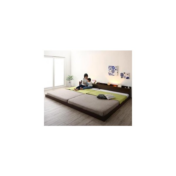 kag-52926 連結ベッド クイーン ワイド 2人 3人 家族 つなげる 2台 分割 ファミリー マットレス付き ローベッド 低い 宮 棚 携帯 収納 照明 ライト コンセント スマホ 充電