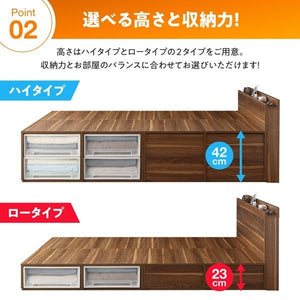セミダブルベッド 一人暮らし マットレス付き チェスト ベッド下 収納 引き出し 大容量 ロー 低い 宮 棚 携帯 コンセント スマホ 充電 布団可 フラット床板 箱型