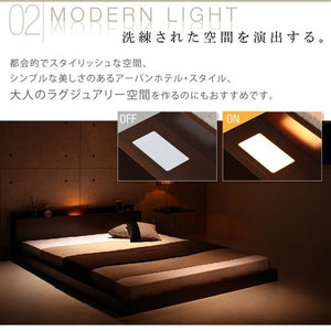 セミダブルベッド 一人暮らし マットレス付き ローベッド 低い 宮 棚 携帯 リモコン 収納 照明 読書 ライト 電気 コンセント スマホ 充電 ヴィンテージ