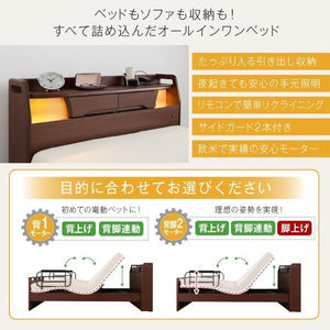 シングルベッド 一人暮らし フレーム 電動リクライニングベッド 背もたれ 介護用ベッド 宮 棚 携帯 収納 照明 ライト コンセント スマホ 充電 ヴィンテージ